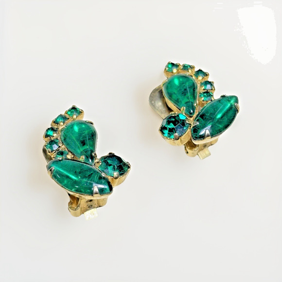 Vtg Emerald Green Rhinestone Prong Set Clip On Earrings Gold-tone - Picture 7 of 16